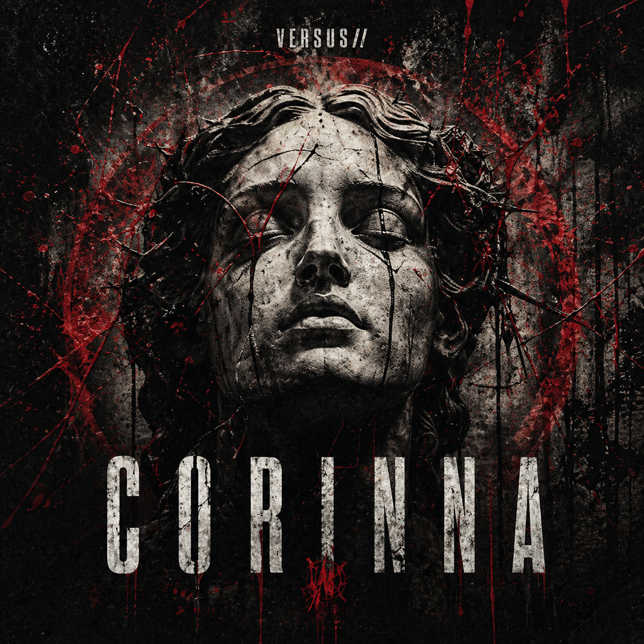 Albumcover Corinna mit Statue und roten Farbspritzern